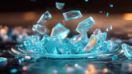 Poster - Crystal-clear ice cubes splashing into water, creating dynamic splashes and reflections, highlighting the beauty of water and ice in a high-definition stock photo