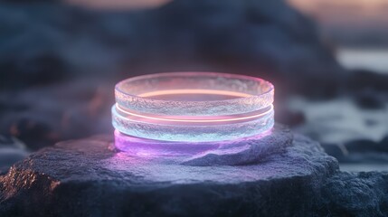 Poster - Aesthetic Abstract Light Rings on a Textured Stone Surface with Soft Glow Effect in a Dreamlike Setting at Dusk, Emphasizing Modern Design and Serenity