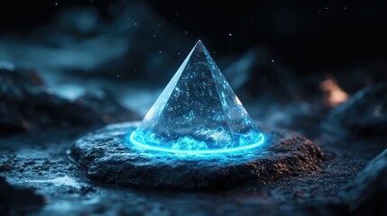 Poster - Futuristic Crystal Pyramid with Glowing Base Surrounded by Mystical Landscape and Ethereal Lighting, Perfect for Science Fiction and Fantasy Themes