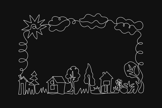 Frame, border. Houses, drawn one line.Trees, sun, clouds. Outline, monochrome illustration on isolated background with place for text.