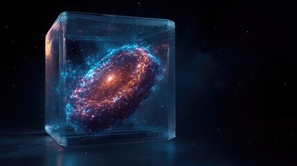 Poster - Cosmic Cube with Spiral Galaxy Visualization in Deep Space, Bright Stars and Colorful Nebulae, Ideal for Science and Technology Themes