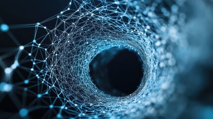 Poster - Abstract illustration of a digital vortex displaying interconnected blue glowing nodes and lines, symbolizing communication, technology, and innovation in a data-driven environment.