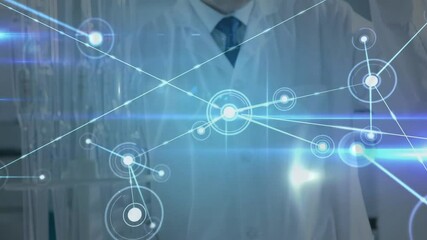 Poster - Scientist interacting with digital network connections and data processing animation