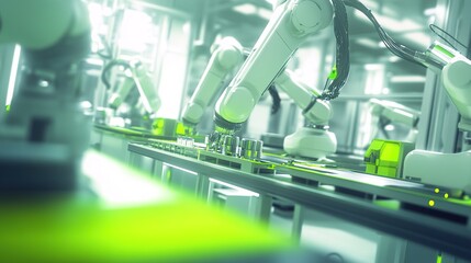 Poster - Automated robotic arms assembling products in a smart factory.