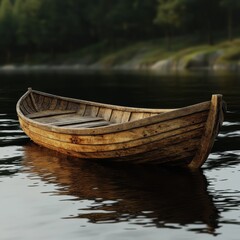  Wooden boat floating peacefully on calm water during sunset in a serene natural setting Generative AI