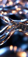 Aufkleber - glowing curved lines with digital pattern and bokeh lights on dark background create futuristic tech