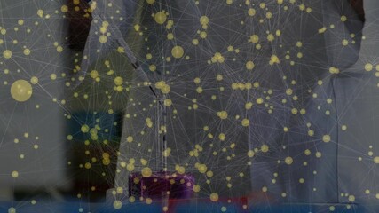 Poster - Network of connections and data processing animation over scientists in laboratory