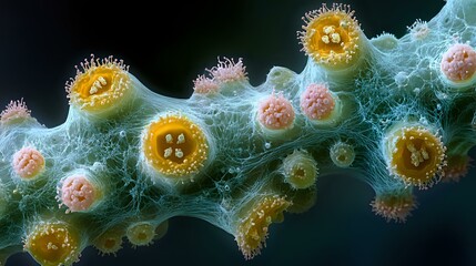 Poster - Microscopic view of virus cells with yellow cores and pink spheres surrounded by delicate cyan filaments against dark background, scientific medical visualization.