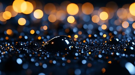 Poster - Dark water drop on glittering surface with golden bokeh lights in background creating magical atmosphere. Macro photography shows delicate details and reflections.