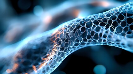 Poster - Microscopic view of glowing blue and orange cellular structure with honeycomb pattern showing organic tissue connectivity in scientific research.