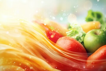 Poster - Dynamic wave of fresh groceries showcases vibrant colors and soft gradients in an abstract background representing vitality and wellness