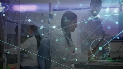 Poster - In lab, scientists analyzing digital network connections with animation overlay