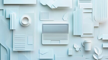 Poster - Creative paper art background showcasing professional office elements in a 3D cut style for modern workspace themes
