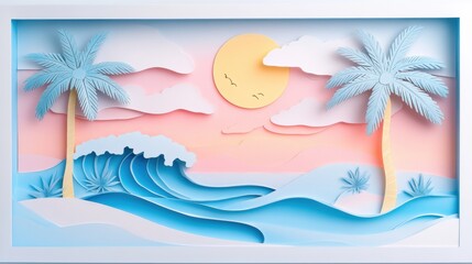 Aufkleber - Dreamy tropical island with palm trees and waves in layered paper cut style during golden sunset