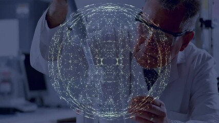 Poster - Conducting experiment, scientist with digital network animation overlay in laboratory
