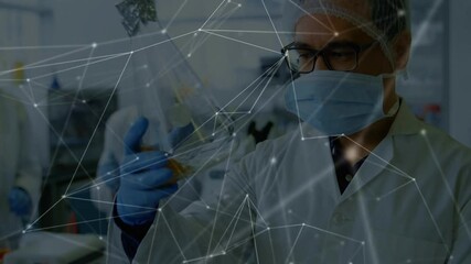  - Examining flask, scientist analyzing data processing with network connections overlay