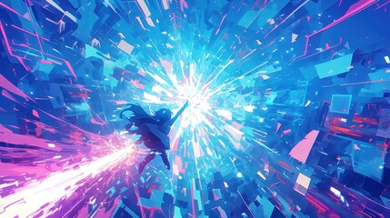 Poster - Futuristic Cybernetic Shockwave, vibrant explosion of neon circuitry radiating outward, dynamic motion lines, bright blues and electric greens, visually striking technological energy.