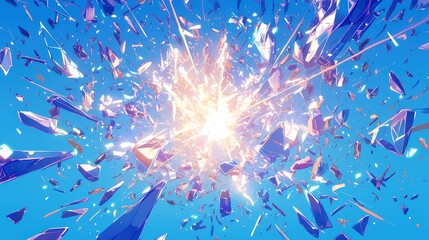 Poster - Anime Crystal Burst, vibrant depiction of a crystal explosion with detailed shards in sapphire blue, teal, lavender, intense motion, sparkling particles, dramatic contrasts, energetic composition