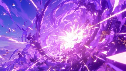 Poster - Mystic Purple Flame Explosion, Energetic illustration of swirling purple flames radiating vibrant hues, detailed sparks and embers, intense motion captured with curved lines.