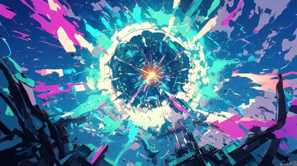 Poster - Neon Cyber Explosion, dynamic anime artwork showcasing a vibrant cyber explosion with vivid greens, pinks, blues, intricate circuitry, and energetic sparks radiating outward.