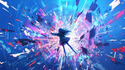 Poster - Neon Cyber Explosion, vibrant anime illustration featuring an energetic explosion of neon colors with circuitry lines, dynamic motion, and futuristic sparks creating an intense visual impact