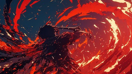 Poster - Shadow Flame Eruption, dynamic portrayal of black and crimson flames erupting outward, vibrant contrasts, scattered sparks, energetic lines, intense anime style.
