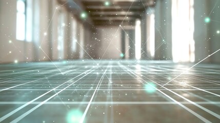 Poster - Abstract Digital Hallway with Data Grid Overlay and Glowing Particles