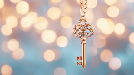 Poster - A decorative key pendant hangs in focus against a blurred background of soft bokeh lights, creating a dreamy, enchanting effect.