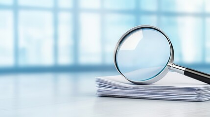 Poster - A magnifying glass rests on a stack of documents, suggesting investigation or analysis in a bright, modern workspace.
