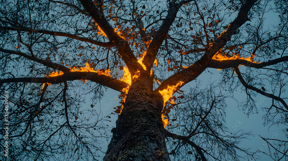 Fiery embrace of a tree. Flames encircle the trunk and branches ...