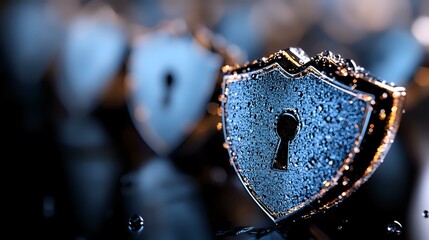 Poster - Water droplets on metallic shield-shaped security lock symbol with keyhole, glowing blue cybersecurity concept on dark background with bokeh effect.