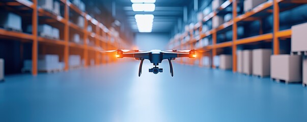 Poster - A drone hovers in a warehouse, surrounded by shelves and boxes, showcasing modern logistics technology in action.