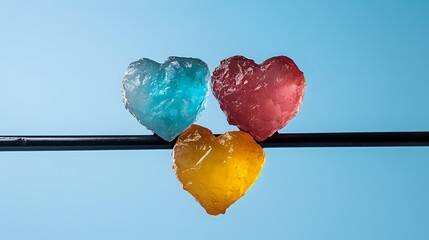 Poster - Colorful heart-shaped ice cubes in blue, red and yellow hanging on black rod against light blue background, frozen water drops creating romantic mood.