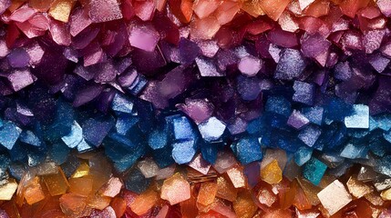 Poster - Colorful crystal geode macro photography showing gradient from pink to purple to blue to golden brown, natural mineral formation with sparkling facets.