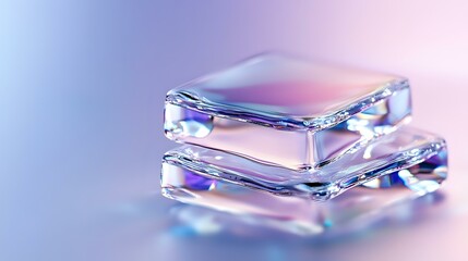 Poster - Stacked transparent glass blocks with iridescent reflections and purple-blue gradient lighting creating modern minimalist composition on blurred background.