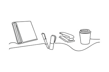 Aufkleber - Simple Line Drawing Desk Essentials, Book, Pens, Stapler, Coffee