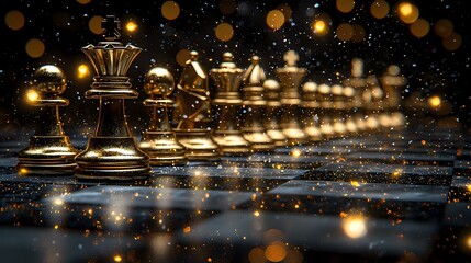 Poster - Golden chess pieces arranged in row on reflective surface with magical bokeh lights and sparkles in dark atmosphere. Strategic game concept with royal chess figures.