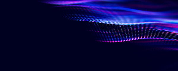 Poster - Abstract wave of particles. Big data digital flow concept. LLM learning process, AI technology. Quantum computing. 3d render illustration with place for text