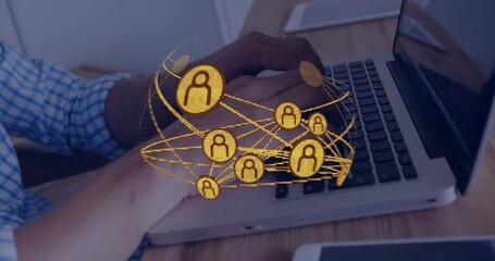 Poster - Network of connections and data processing animation over person using laptop