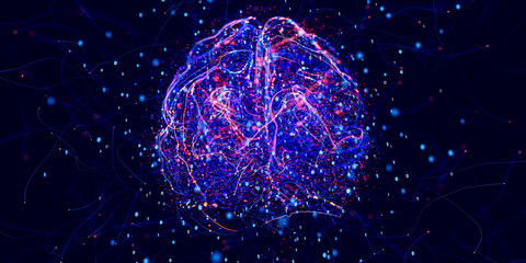 Poster - Neural network digital brain. Artificial intelligence concept. Futuristic cybernetic technology. Quantum AI structure. 3d render illustration