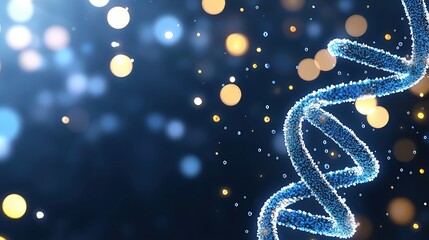 Poster - A glowing blue DNA strand against a dark background, accented by shimmering lights, representing the essence of genetics and molecular biology.