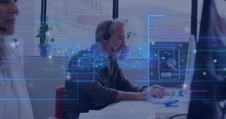 Poster - Man with headset working at desk, digital data processing animation overlay