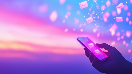 Poster - A colorful phone displays incoming messages against a vibrant sunset, symbolizing communication and connectivity.