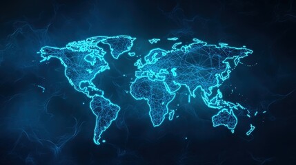 Poster - A digital representation of a world map with interconnected lines, showcasing a futuristic network concept.
