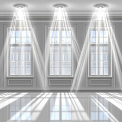 Poster - three windows in a room with lights and reflections present