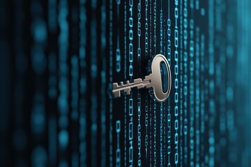 Poster - Key in digital matrix background of binary code