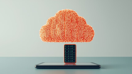 Poster - A digital cloud made of orange dots hovers above smartphone, symbolizing cloud technology