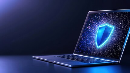 Poster - A sleek laptop displays a glowing blue shield, symbolizing cybersecurity and digital protection against online threats in a dark environment.