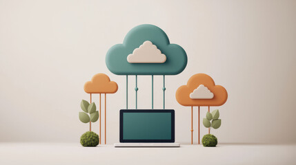 Poster - A laptop surrounded colorful cloud icons and plants symbolizes cloud computing technology