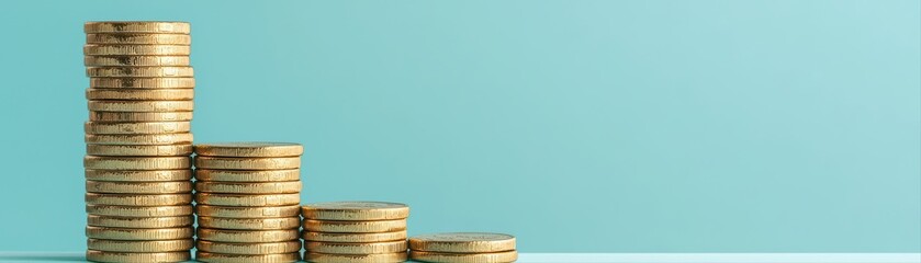 Poster - Stacked golden coins on light blue background